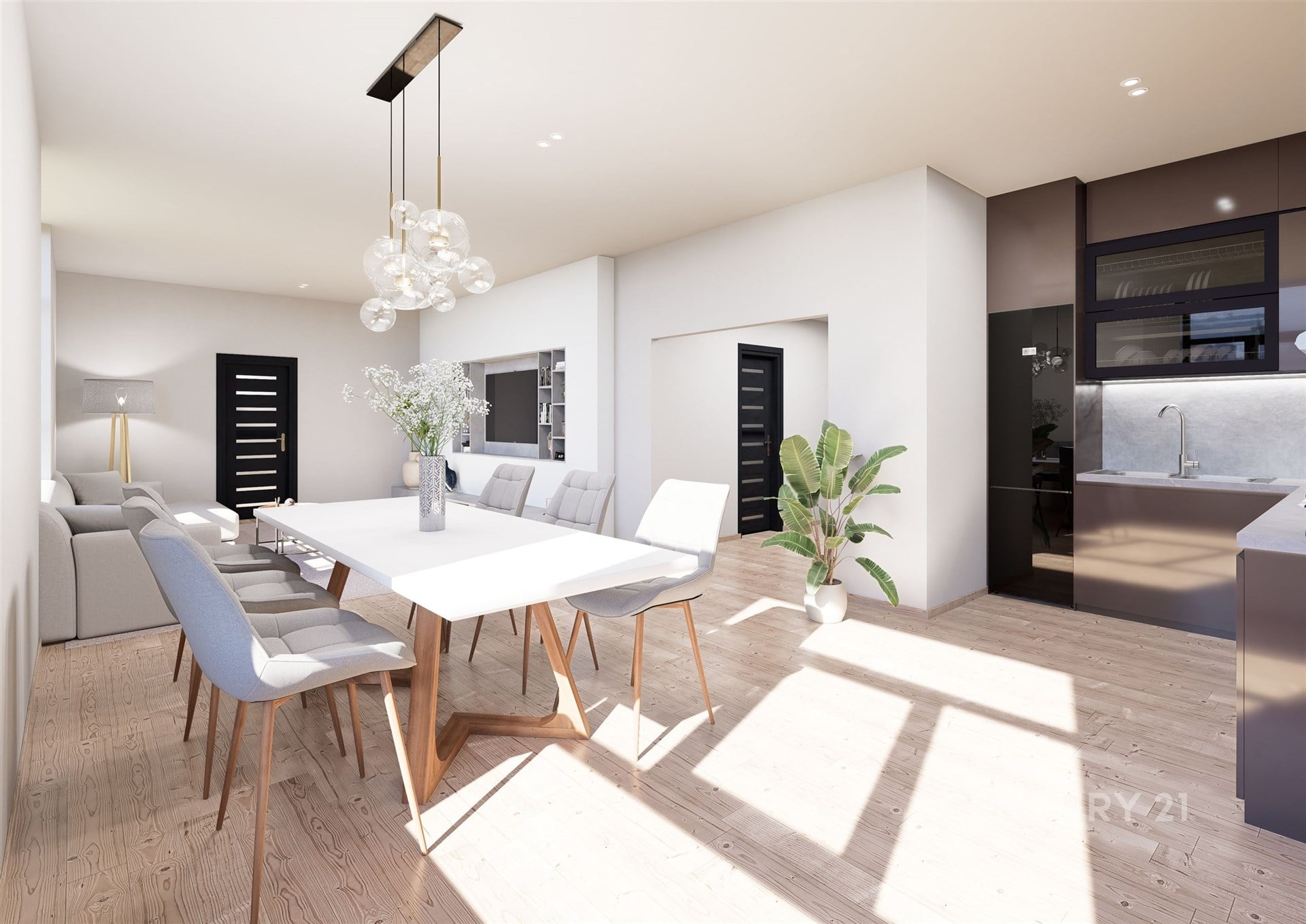 Světlá jídelna s moderním dřevěným stolem, parketovou podlahou a elegantním osvětlením, vedle které je otevřená kuchyň s tmavým nábytkem.