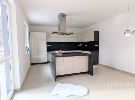 Moderní kuchyň s dlažbou, velká okna zajišťující světlost, elegantní černobílá linka s centrálním ostrůvkem, závěsná svítidla přidávají styl. | Prodej - dům/vila, 320 m²