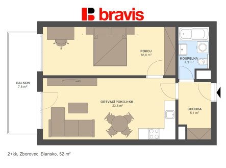 Prodej bytu, 2+kk, 52 m²