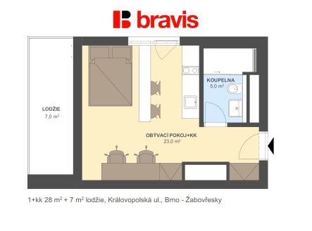 1+kk Královopolská 28m2 + 7m2 | Pronájem bytu, 1+kk, 35 m²