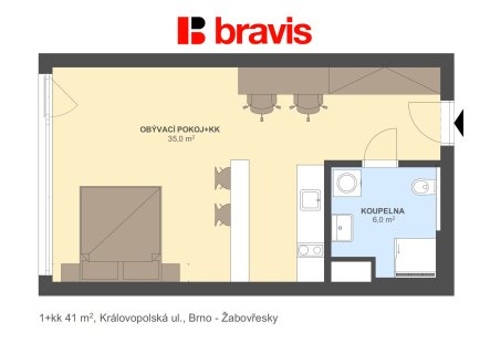 1+kk Královopolská 40m2 | Pronájem bytu, 1+kk, 40 m²