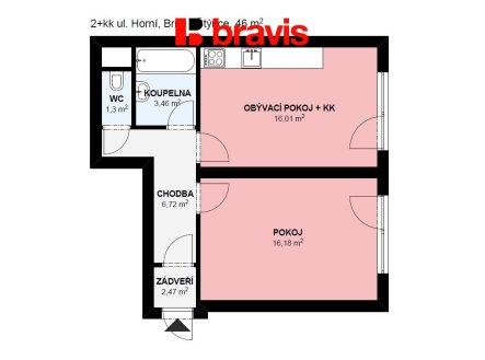 Pronájem bytu, 2+kk, 46 m²