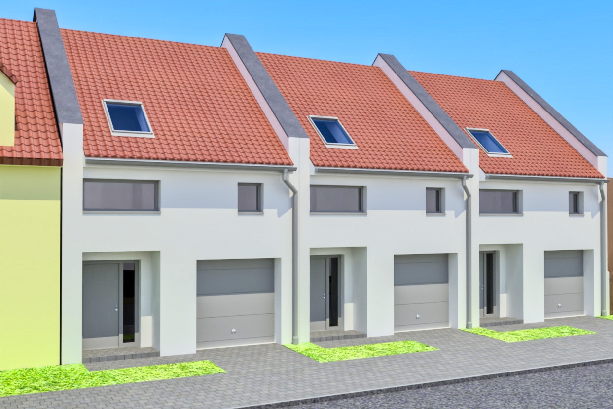 vizualizace pohledu tří rodinných domů, které by mohli vzniknout na místě původního RD. Pohled z ulice Brněnská.