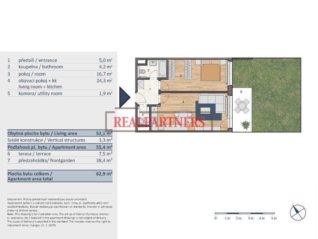 Nový byt 2+kk o ploše 55,4m2 + terasa 7,5m2 + předzahrádka 38,4m2 ve výstavbě vedle Čimického parku.