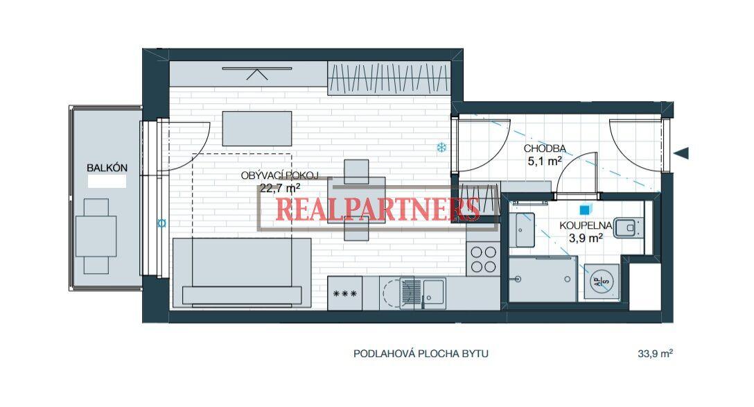 Nový byt o podlahové ploše 34 m2 + balkon 5 m2, celkově 39 m².