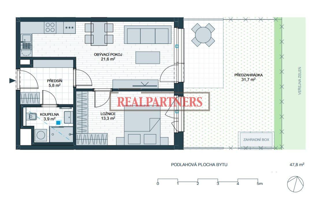 Nový byt o podlahové ploše 47,80m2 + předzahrádka 31,70m2, celkově 79 m².