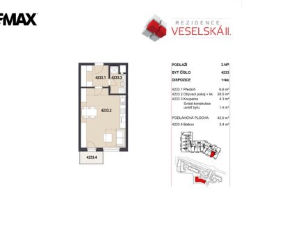 Pronájem bytu, 1+kk, 42 m²
