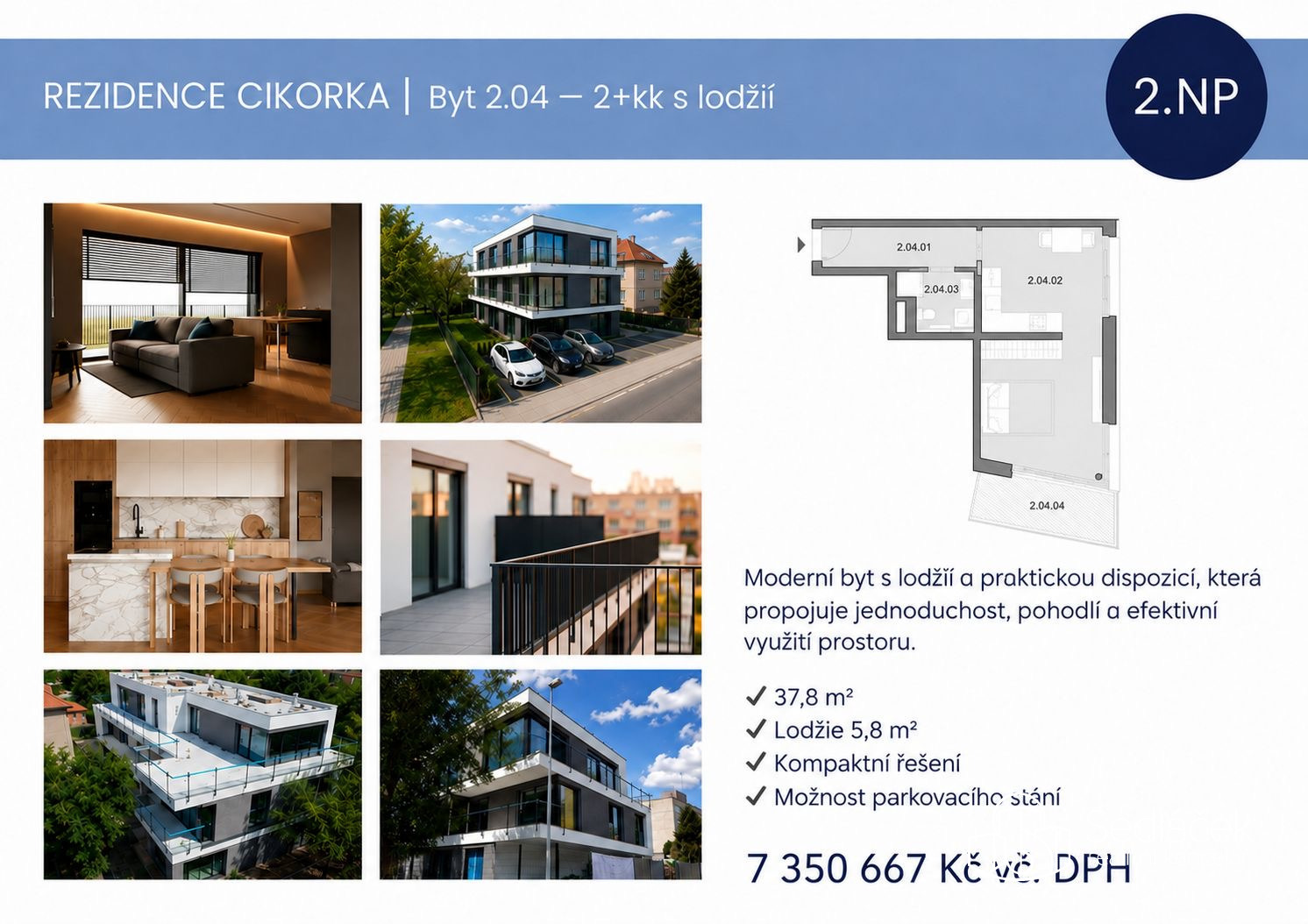 Prodej bytu 1+kk s lodžií – Rezidence Cikorka, Praha – Modřany