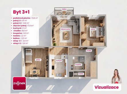 Prodej bytu, 3+1, 82 m²