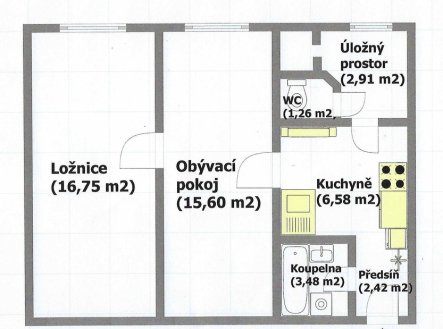 3. 2D půdorys bytu 2+1 | Pronájem bytu, 2+1, 49 m²