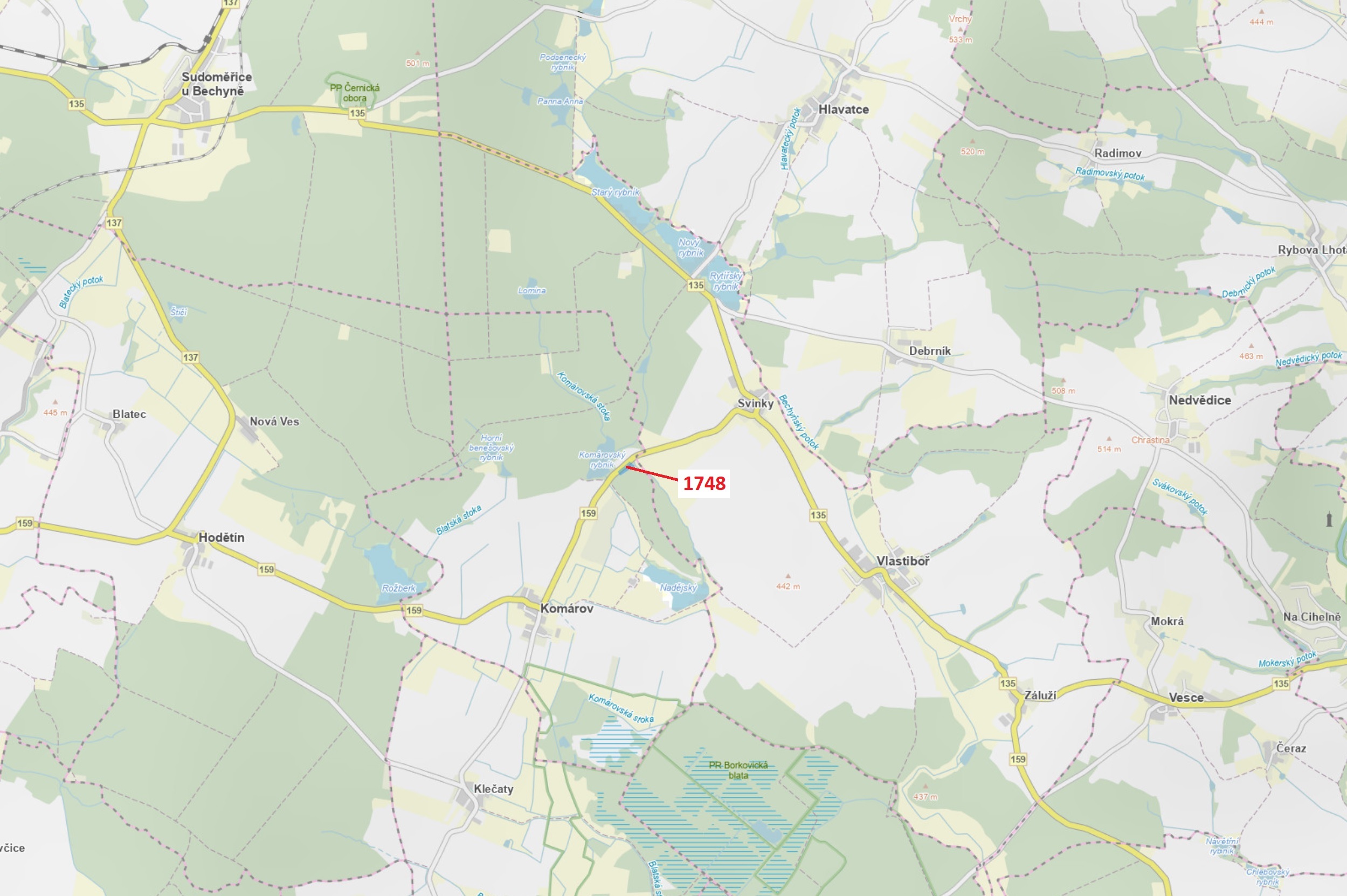 Lesní pozemek o výměře 6908 m2, podíl 1/1, katastrální území Komárov u Soběslavi, obec Komárov, obec