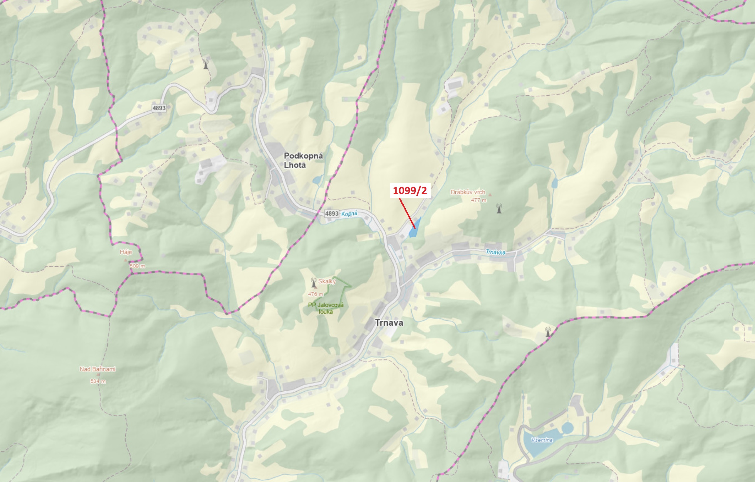 Lesní pozemek o výměře 5255 m2, podíl 1/1, katastrální území Trnava u Zlína, obec Trnava, obec s roz