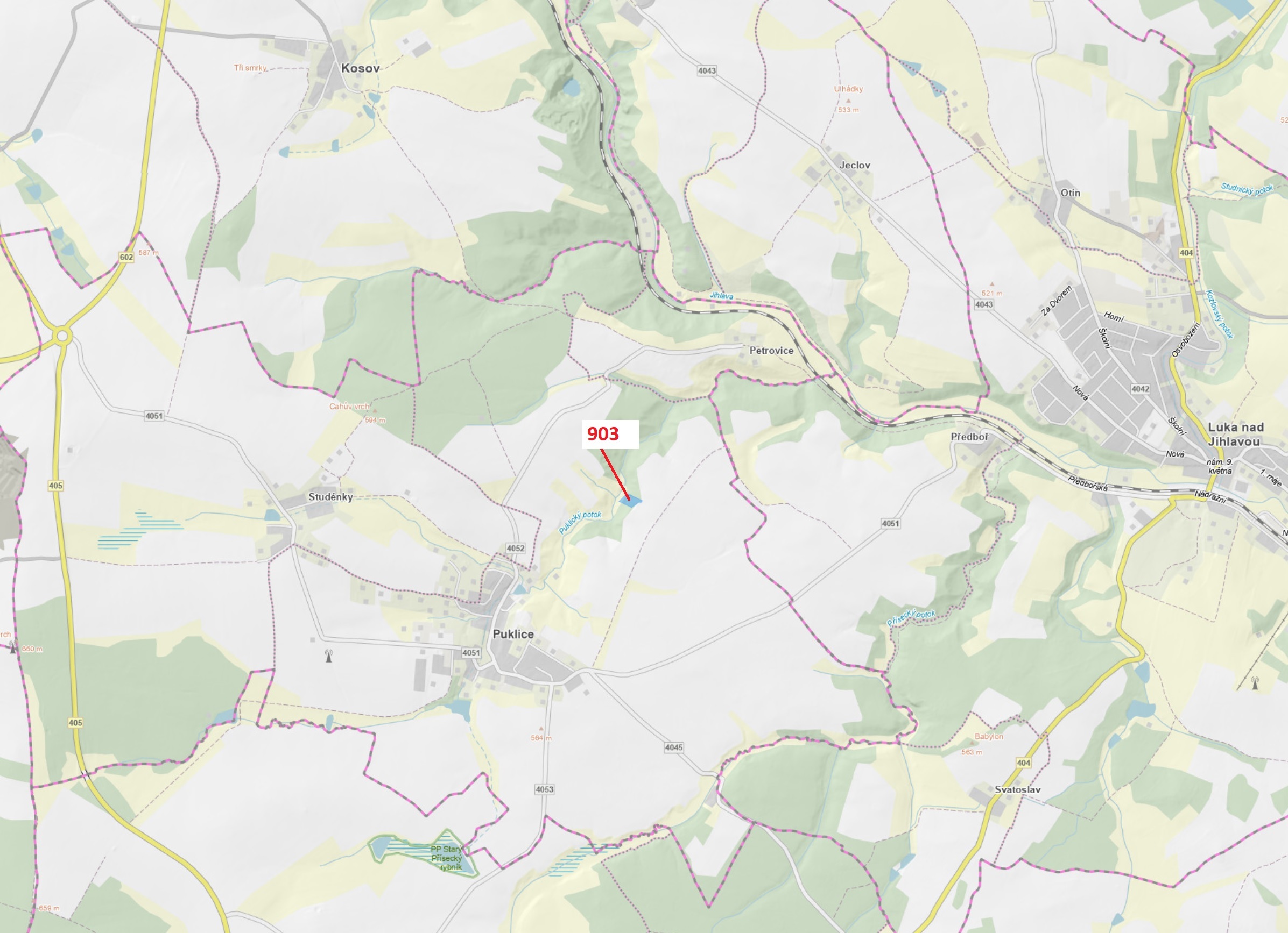 Lesní pozemek o výměře 4900 m2, podíl 1/1, katastrální území Puklice, obec Puklice, obec s rozšířeno