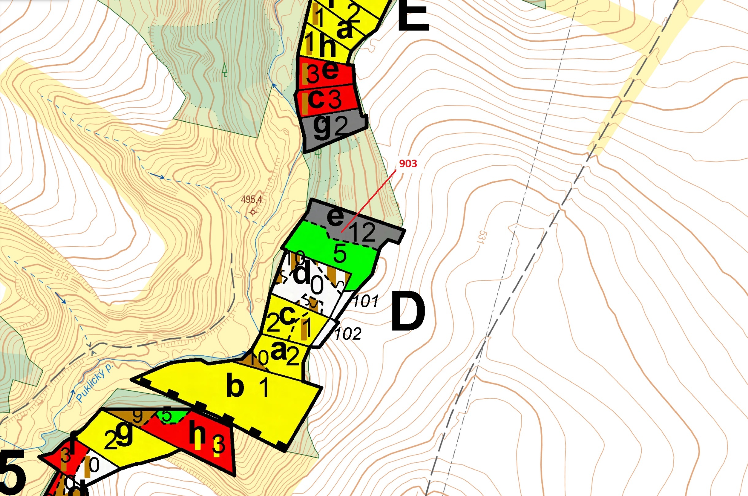 Lesní pozemek o výměře 4900 m2, podíl 1/1, katastrální území Puklice, obec Puklice, obec s rozšířeno