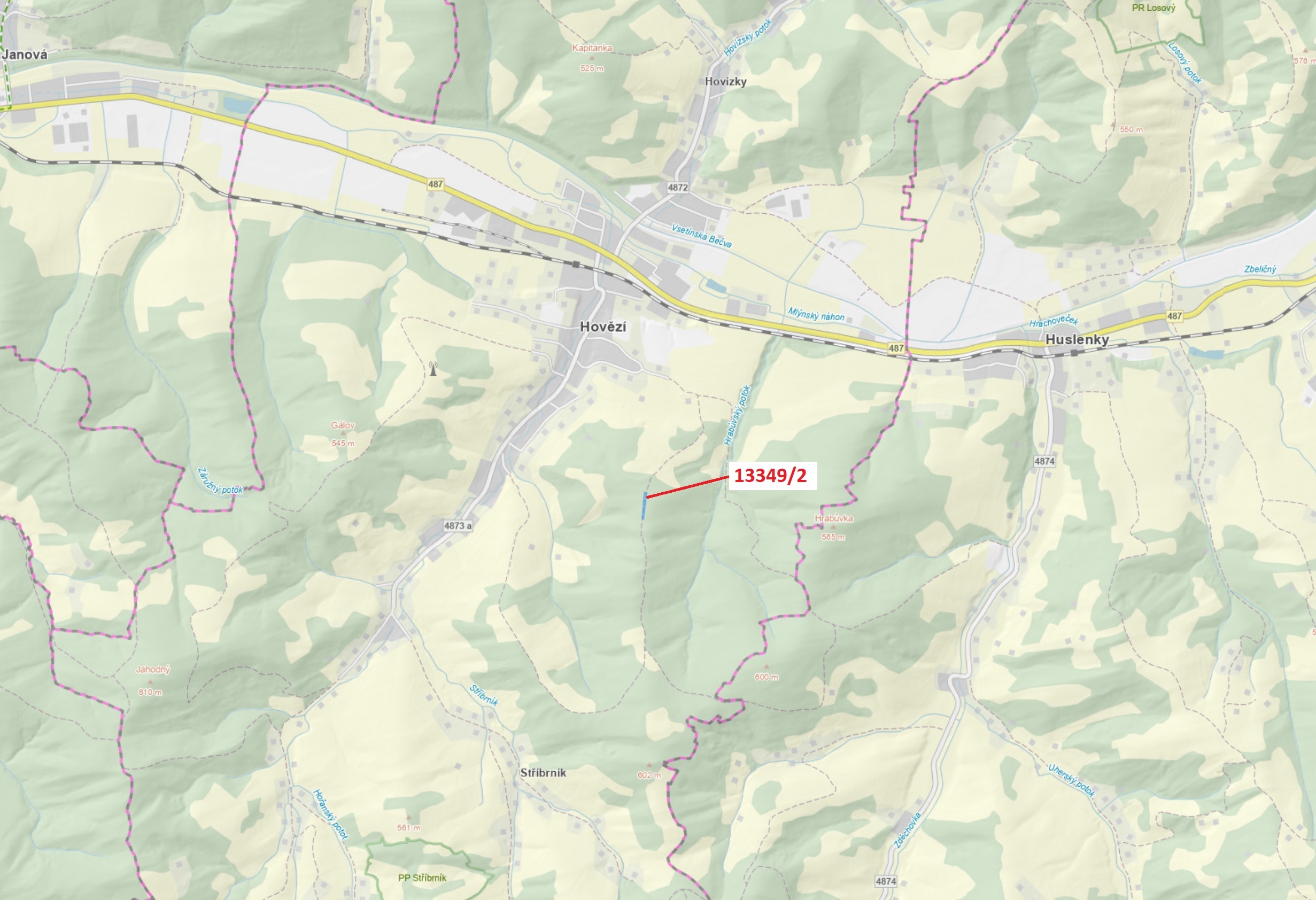 Trvalý travní porost o výměře 1344 m2, podíl 1/1, katastrální území Hovězí, obec Hovězí, obec s rozš