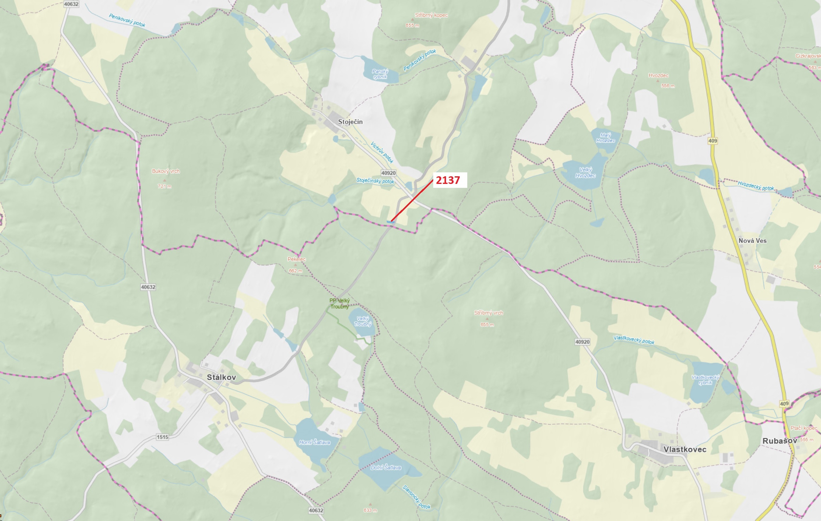 Lesní pozemek o výměře 833 m2, podíl 1/1, katastrální území Stoječín, obec Český Rudolec, obec s roz