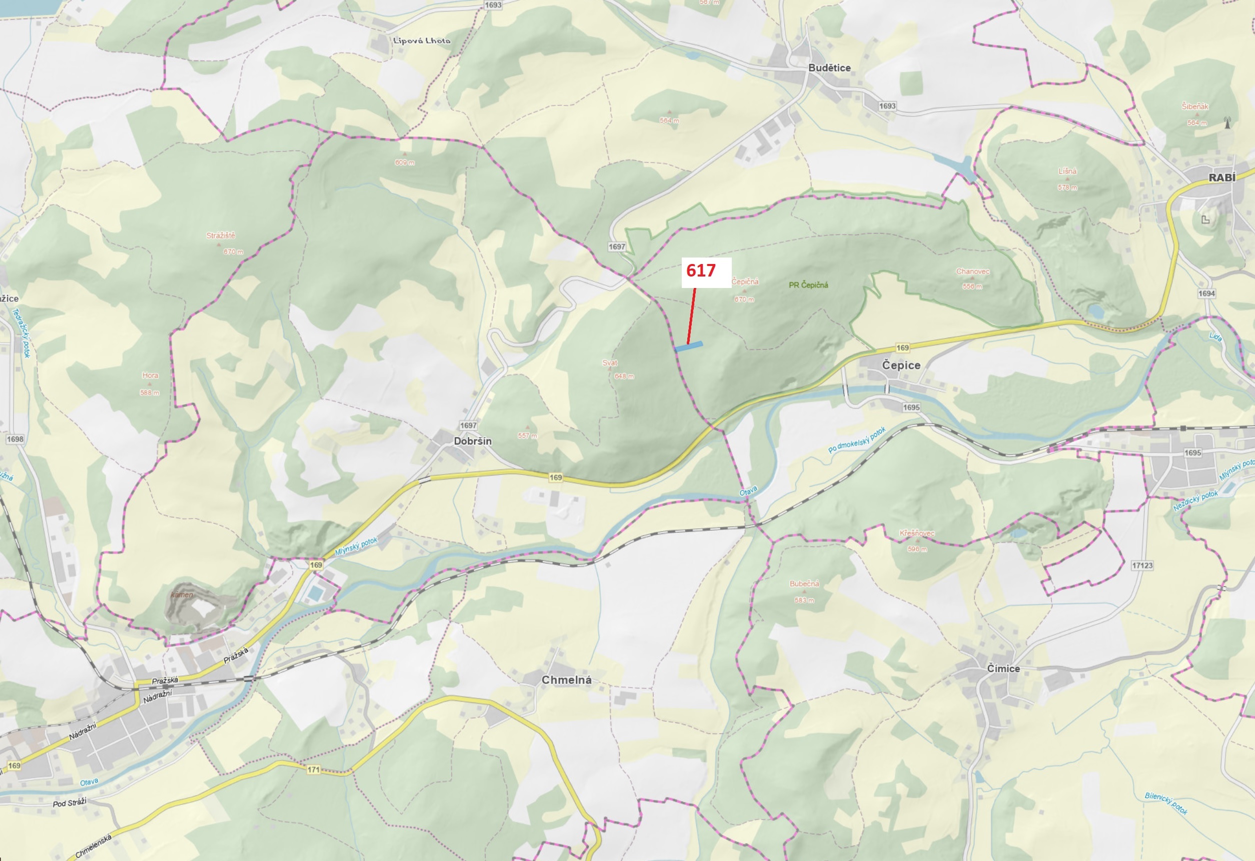 Lesní pozemek o výměře 4280 m2, podíl 1/1, katastrální území Čepice, obec Rabí, obec s rozšířenou pů