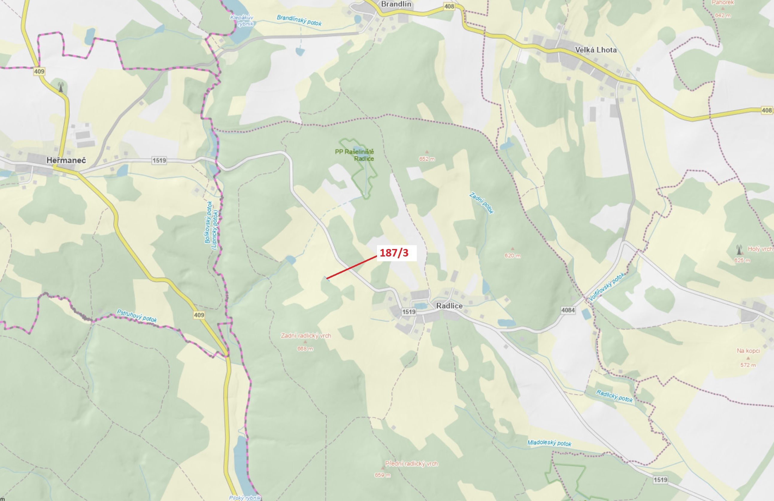 Lesní pozemek o výměře 80 m2, podíl 1/1, katastrální území Radlice u Volfířova, obec Volfířov, obec 
