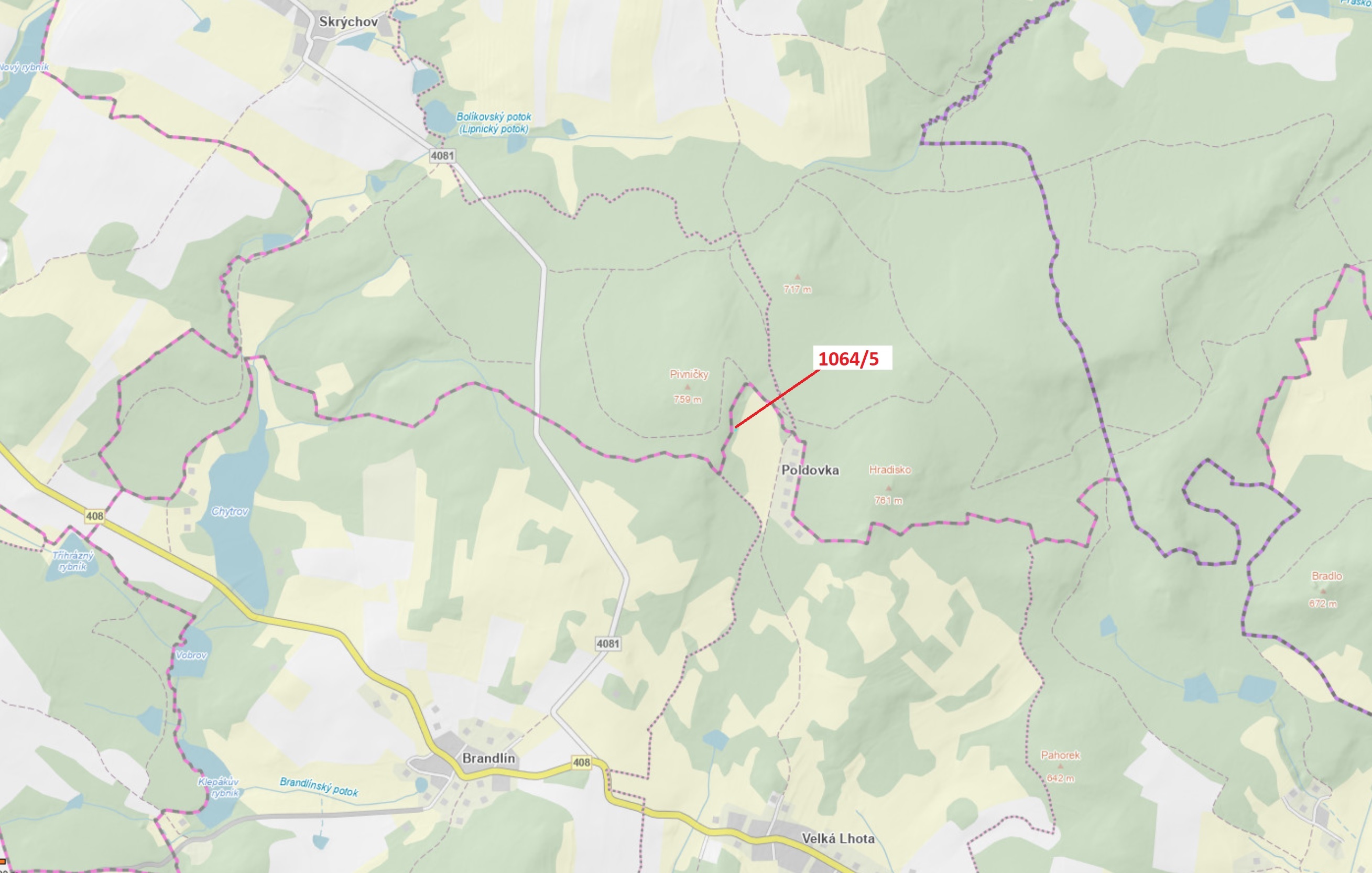 Lesní pozemek o výměře 48 m2, podíl 1/1, katastrální území Velká Lhota u Dačic, obec Volfířov, obec 
