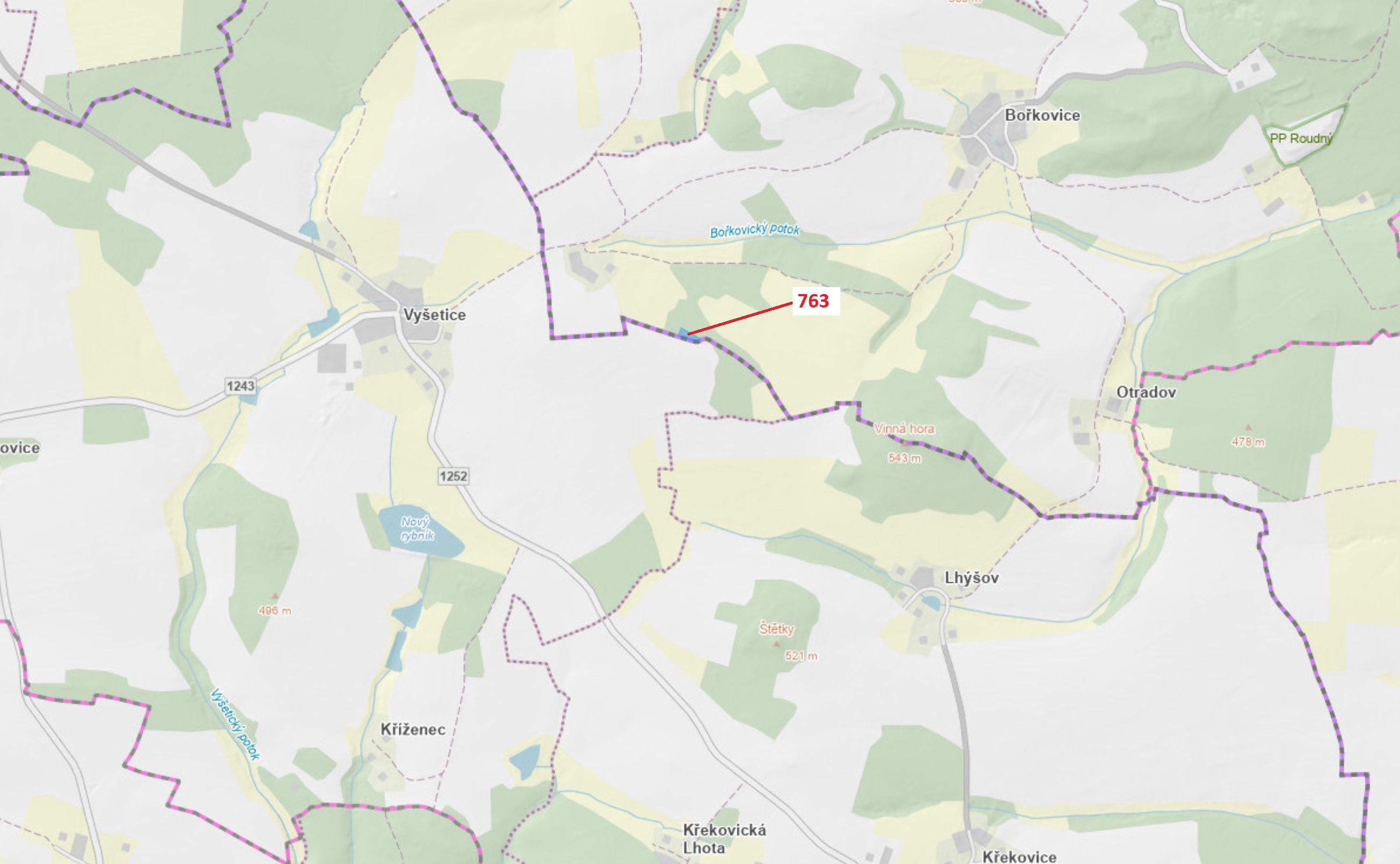 Lesní pozemek o výměře 1498 m2, podíl 1/1, katastrální území Bořkovice, obec Zvěstov, obec s rozšíře