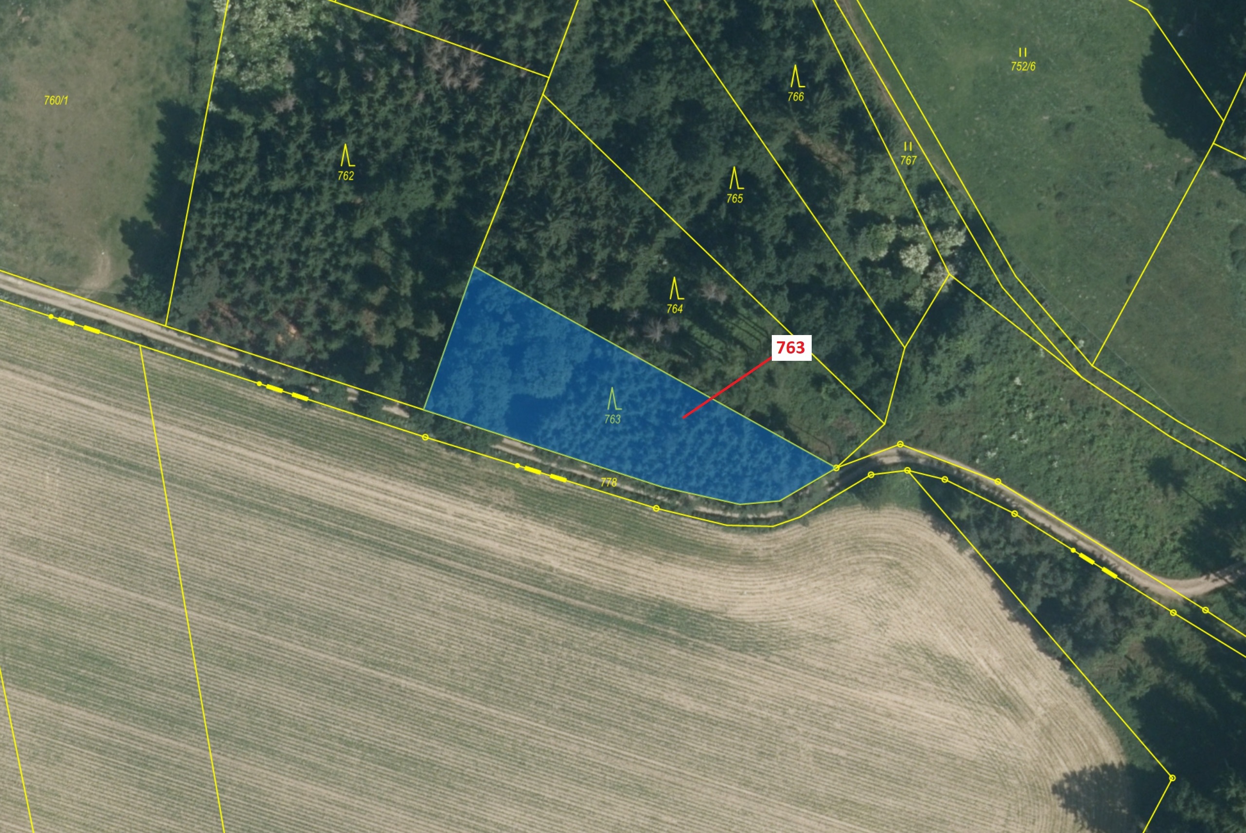 Lesní pozemek o výměře 1498 m2, podíl 1/1, katastrální území Bořkovice, obec Zvěstov, obec s rozšíře