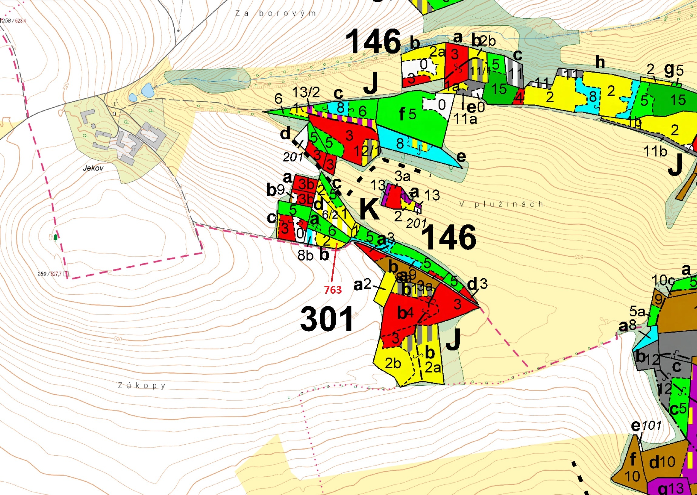 Lesní pozemek o výměře 1498 m2, podíl 1/1, katastrální území Bořkovice, obec Zvěstov, obec s rozšíře