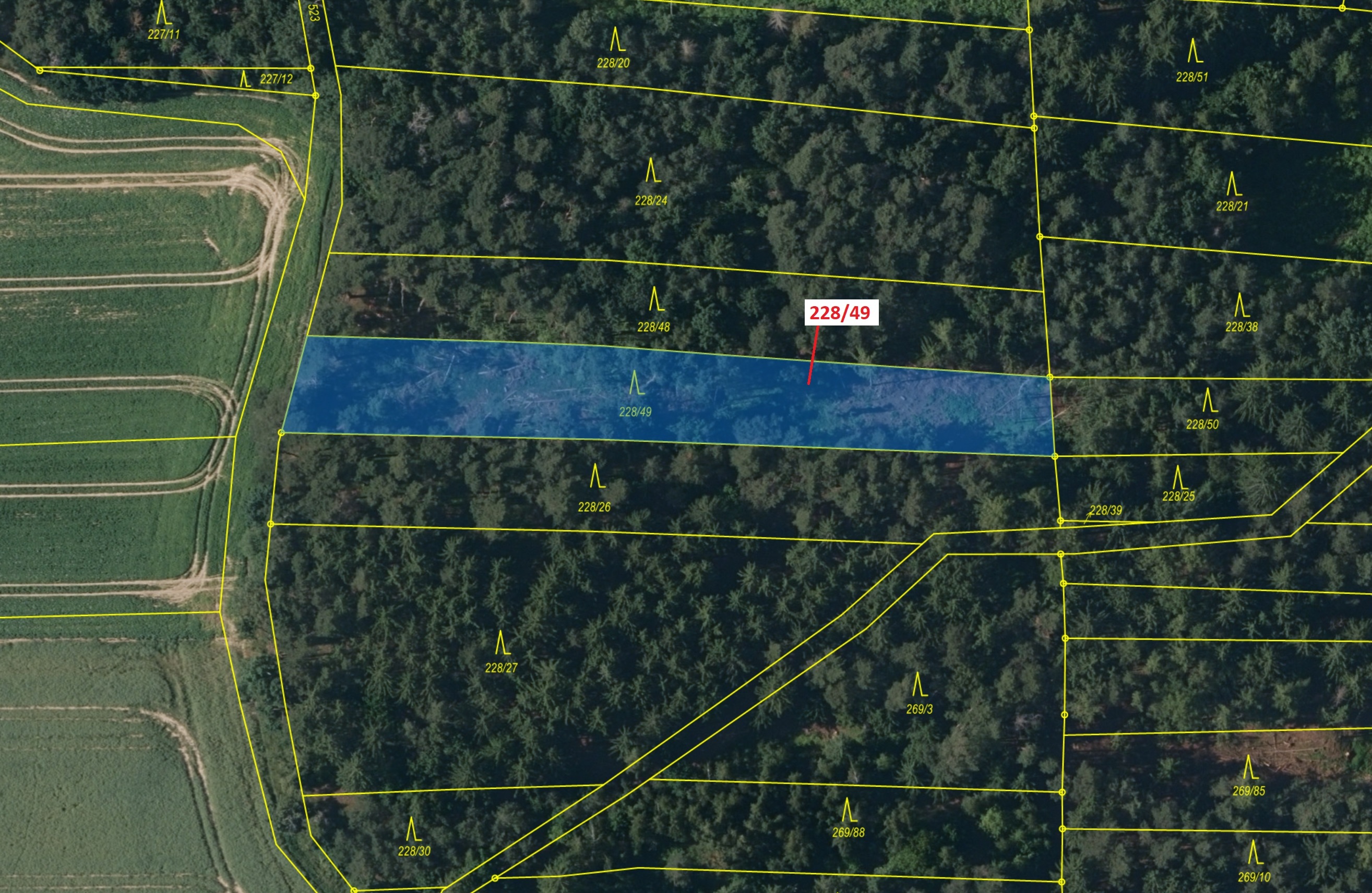 Lesní pozemek o výměře 2071 m2, podíl 1/1, katastrální území Břežany u Rakovníka, obec Břežany, obec
