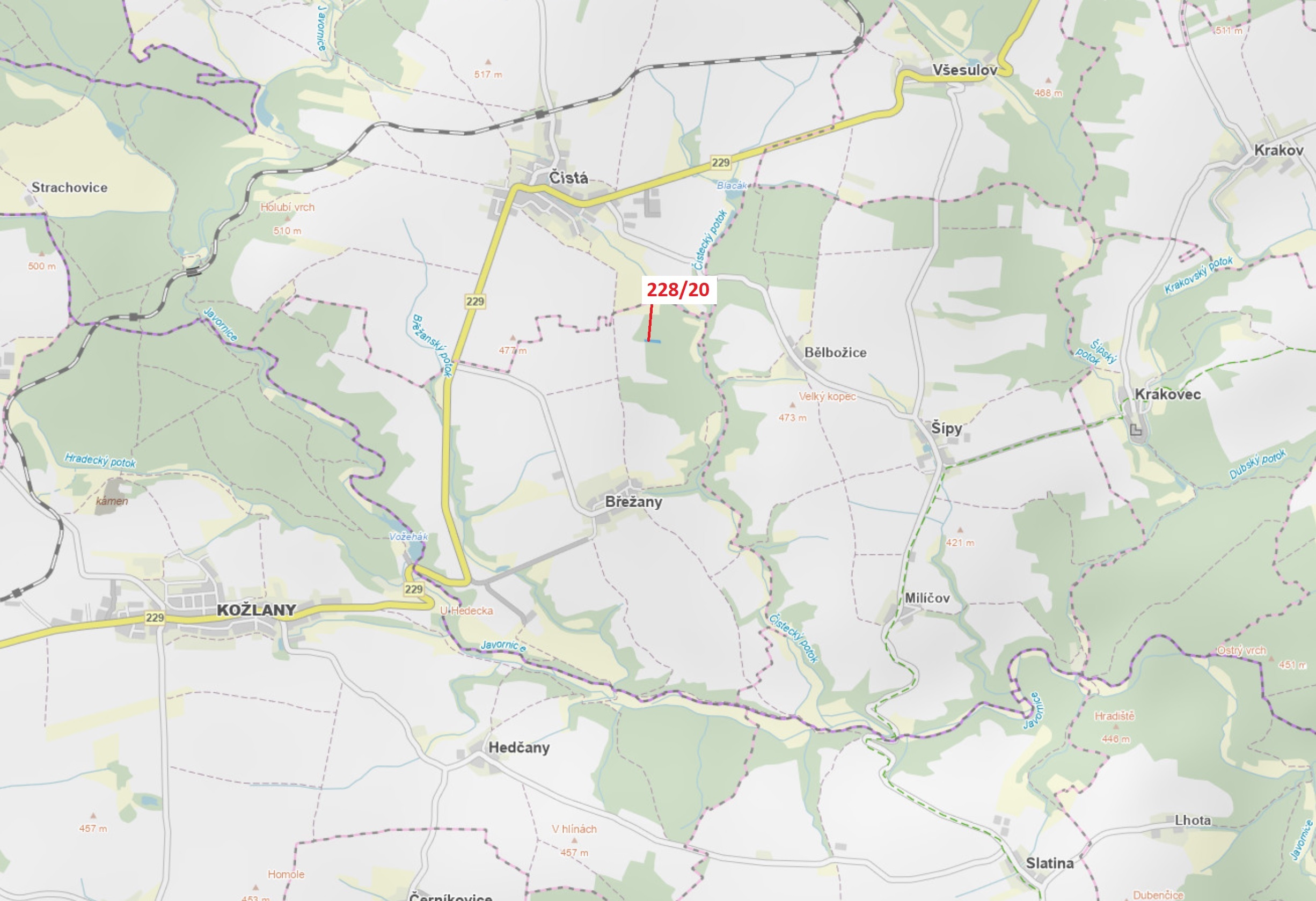 Lesní pozemek o výměře 1924 m2, podíl 1/1, katastrální území Břežany u Rakovníka, obec Břežany, obec
