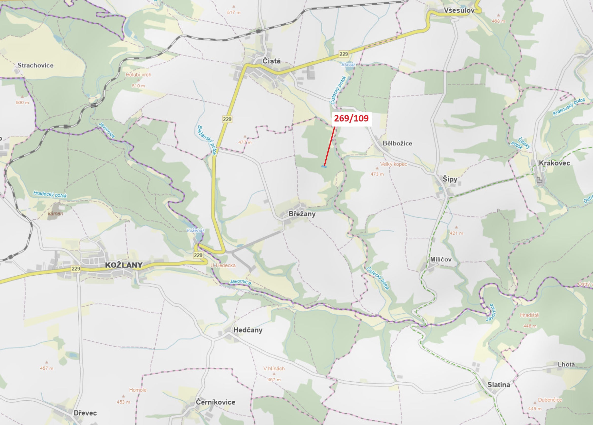 Lesní pozemek o výměře 1949 m2, podíl 1/1, katastrální území Břežany u Rakovníka, obec Břežany, obec