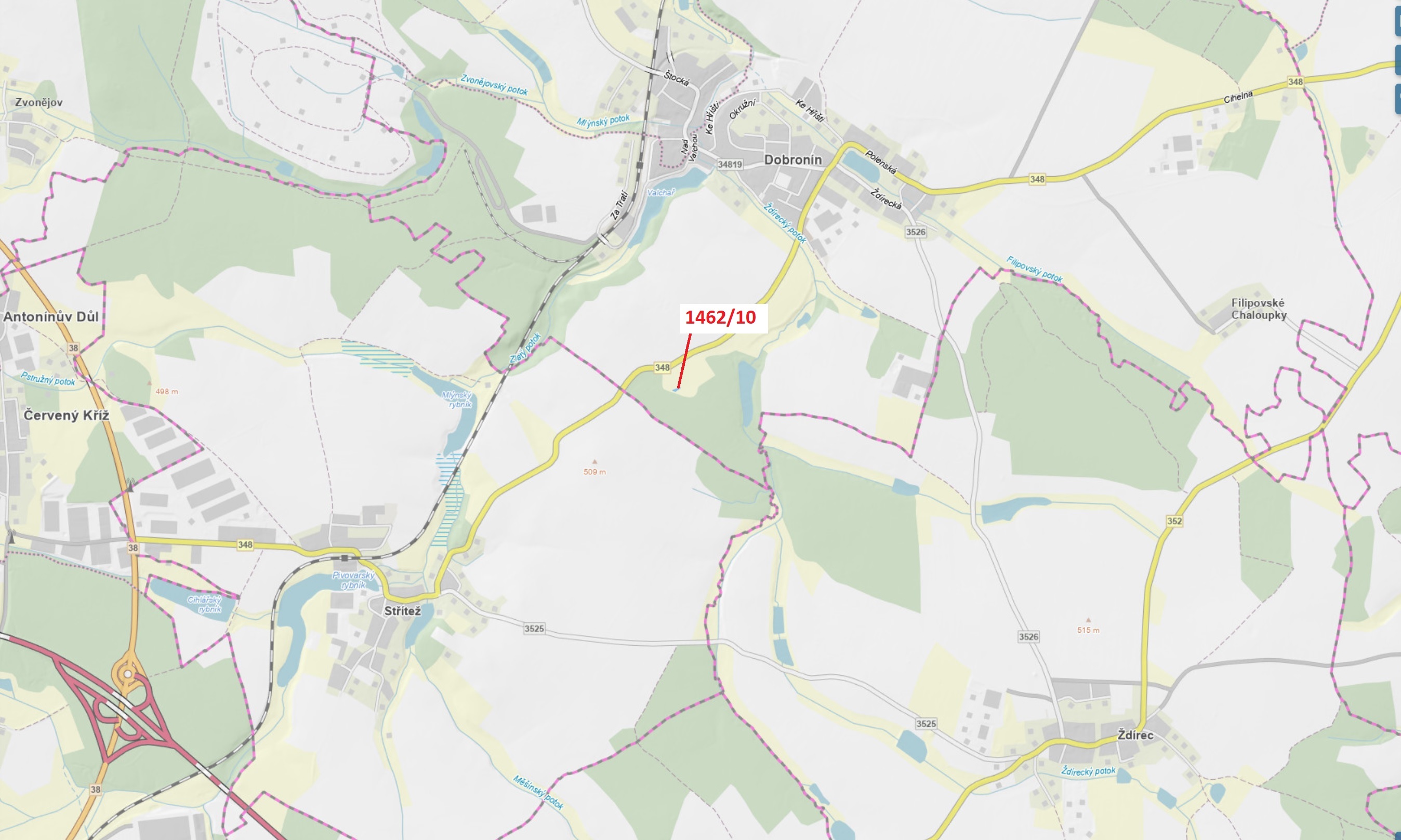 Lesní pozemek o výměře 246 m2, podíl 1/1, katastrální území Dobronín, obec Dobronín, obec s rozšířen