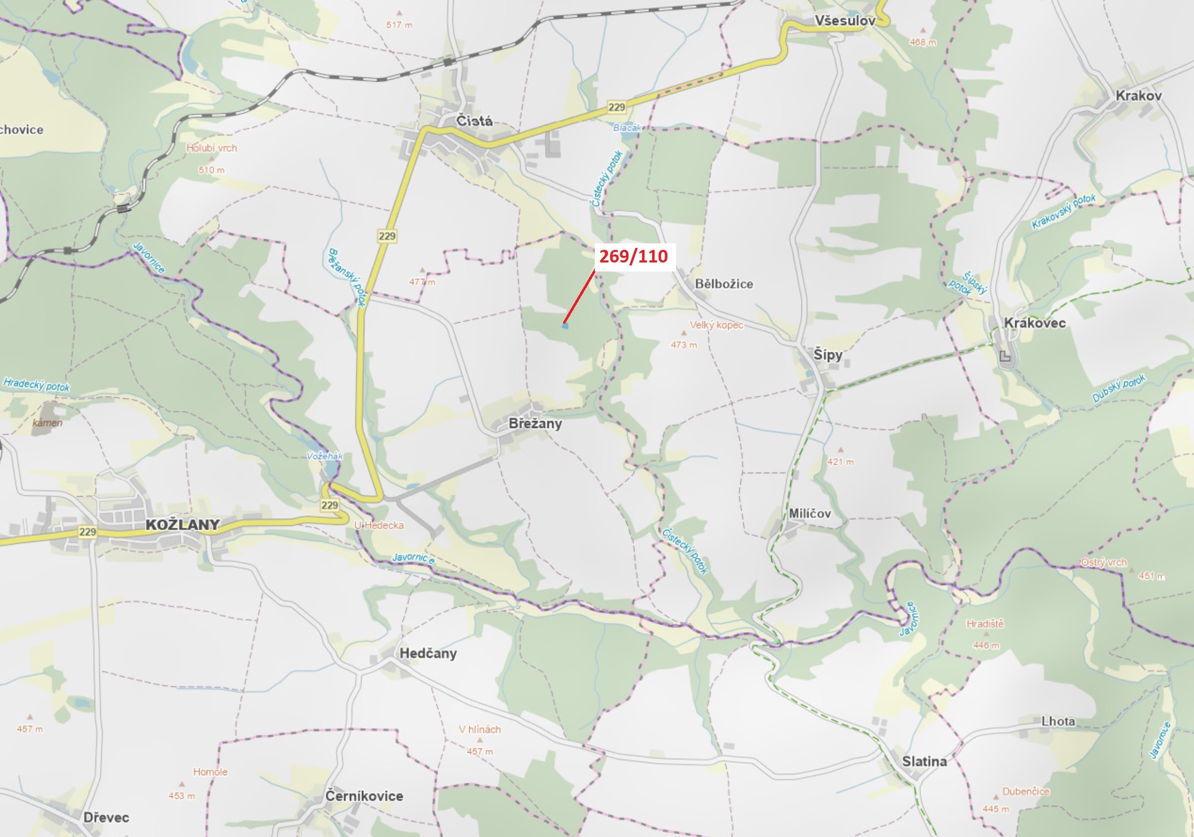 Lesní pozemek o výměře 1701 m2, podíl 1/1, katastrální území Břežany u Rakovníka, obec Břežany, obec