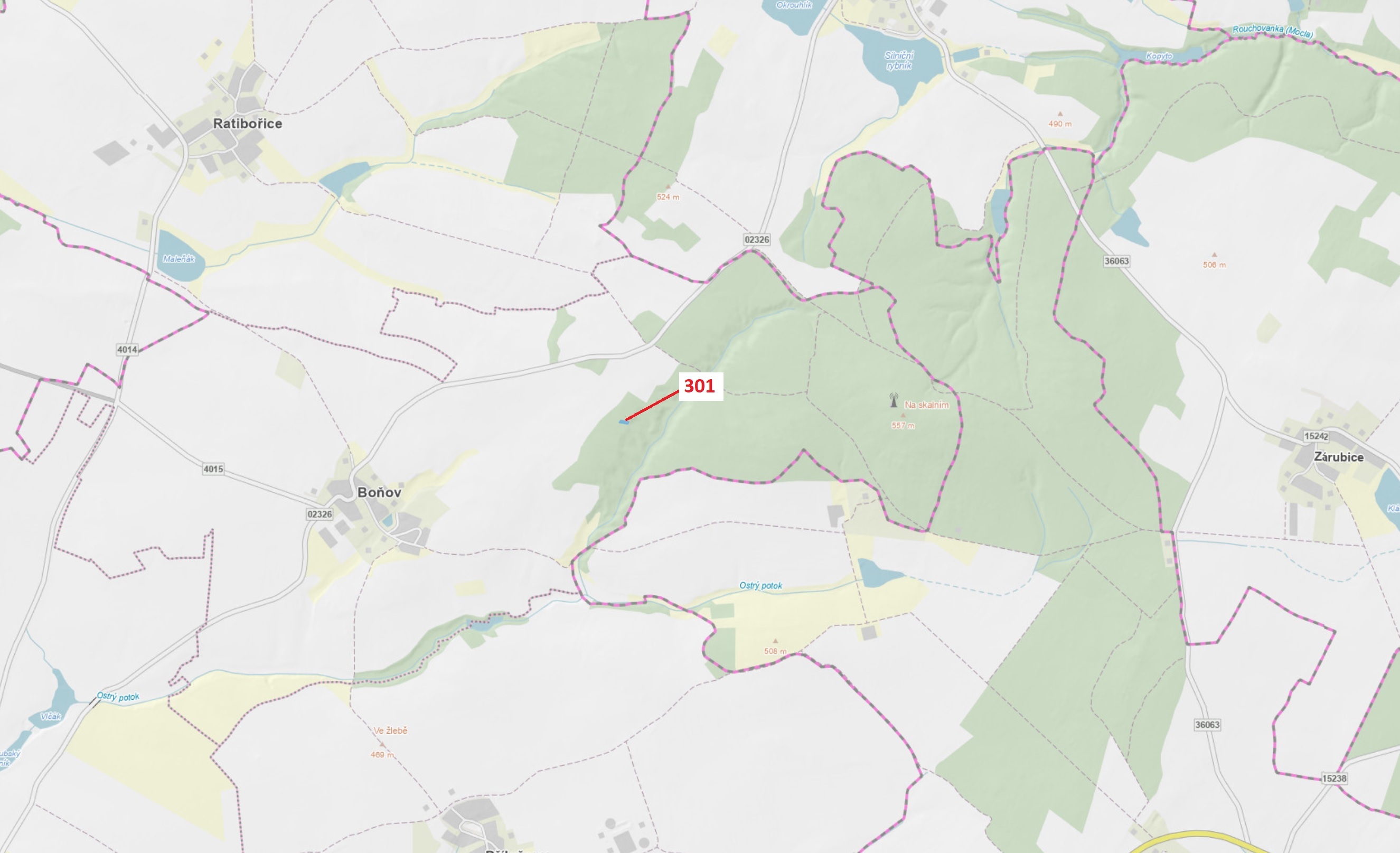 Lesní pozemek o výměře 579 m2, podíl 1/1, katastrální území Boňov, obec Jaroměřice nad Rokytnou, obe