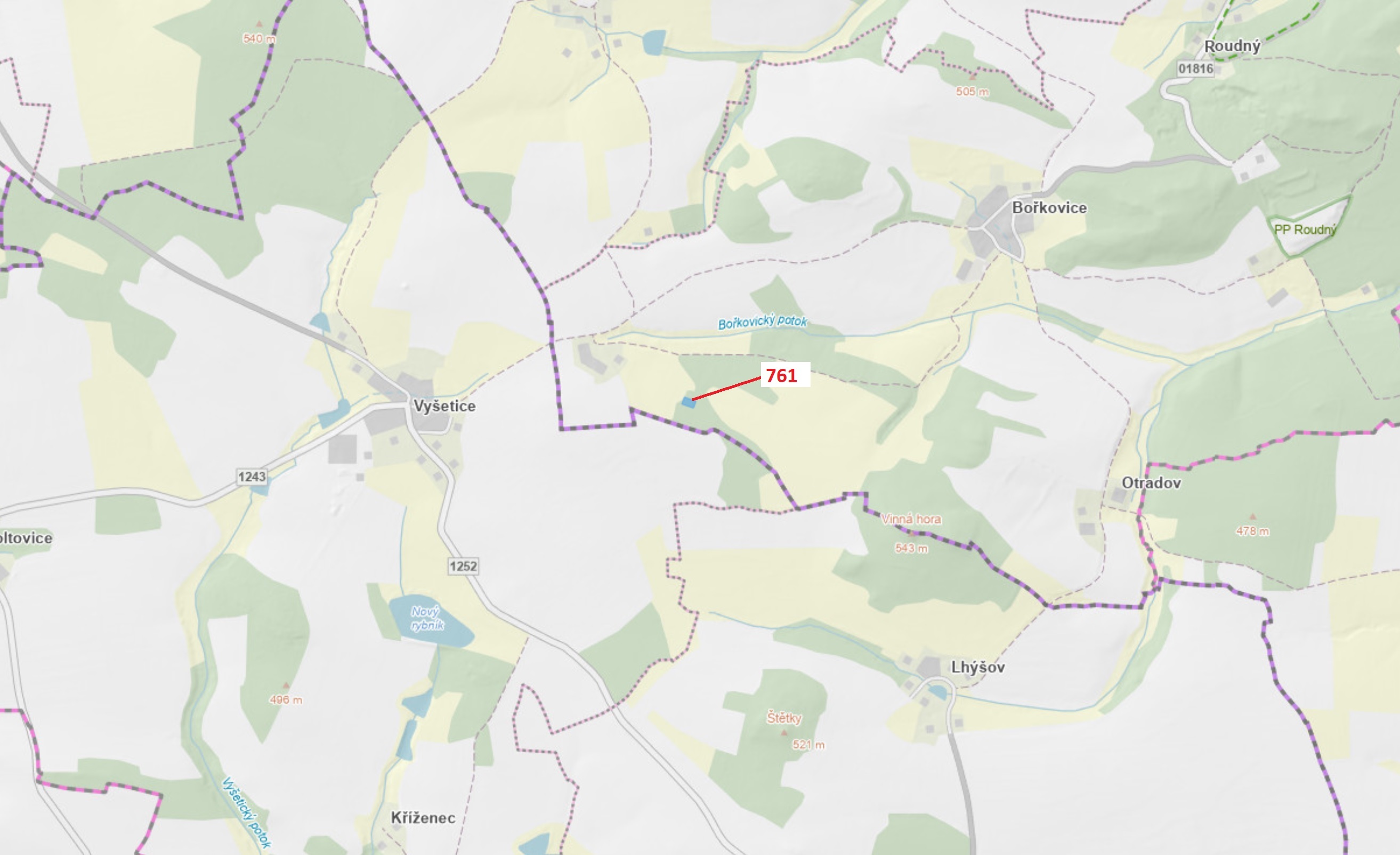 Lesní pozemek o výměře 1092 m2, podíl 1/1, katastrální území Bořkovice, obec Zvěstov, obec s rozšíře