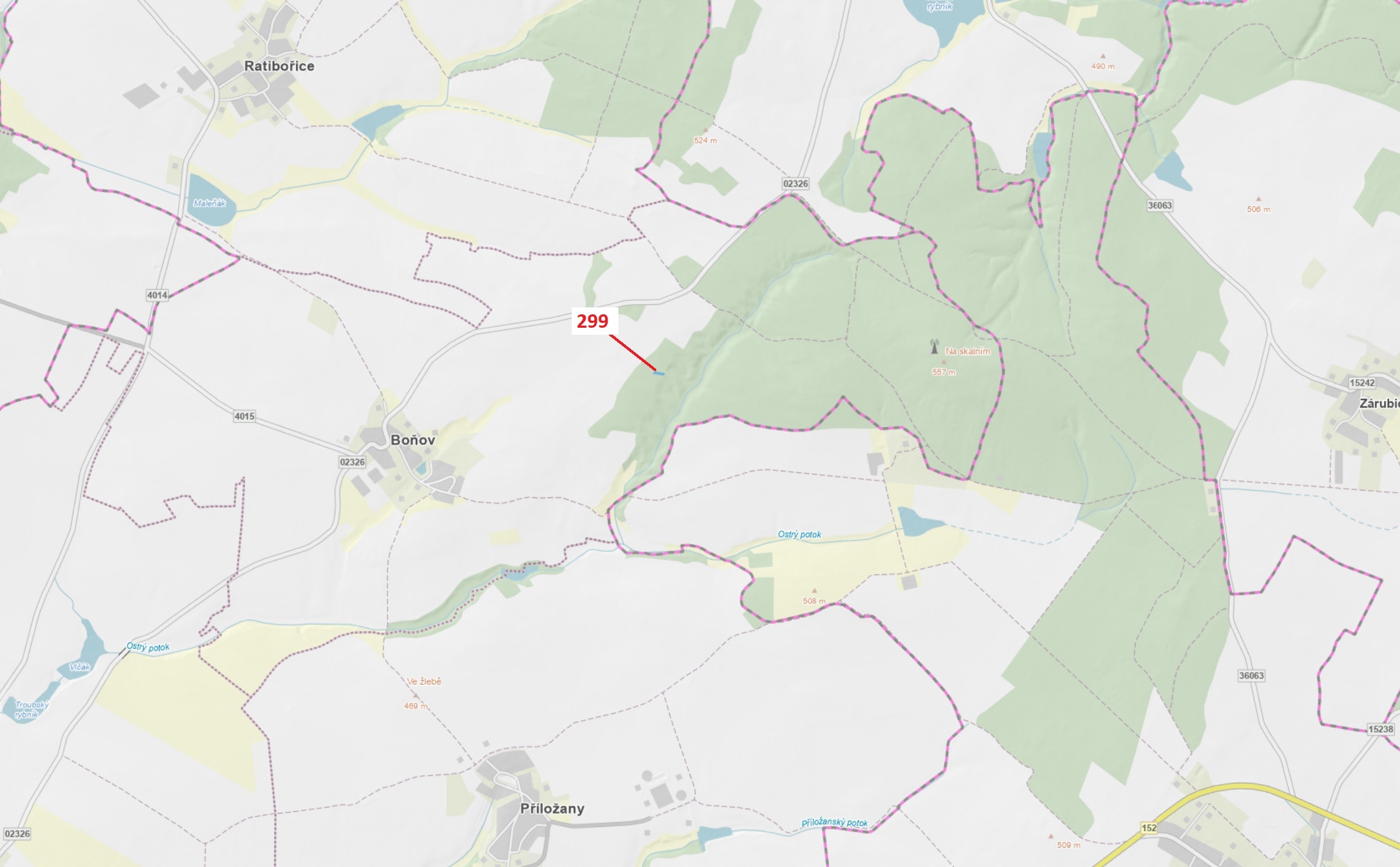 Lesní pozemek o výměře 482 m2, podíl 1/1, katastrální území Boňov, obec Jaroměřice nad Rokytnou, obe