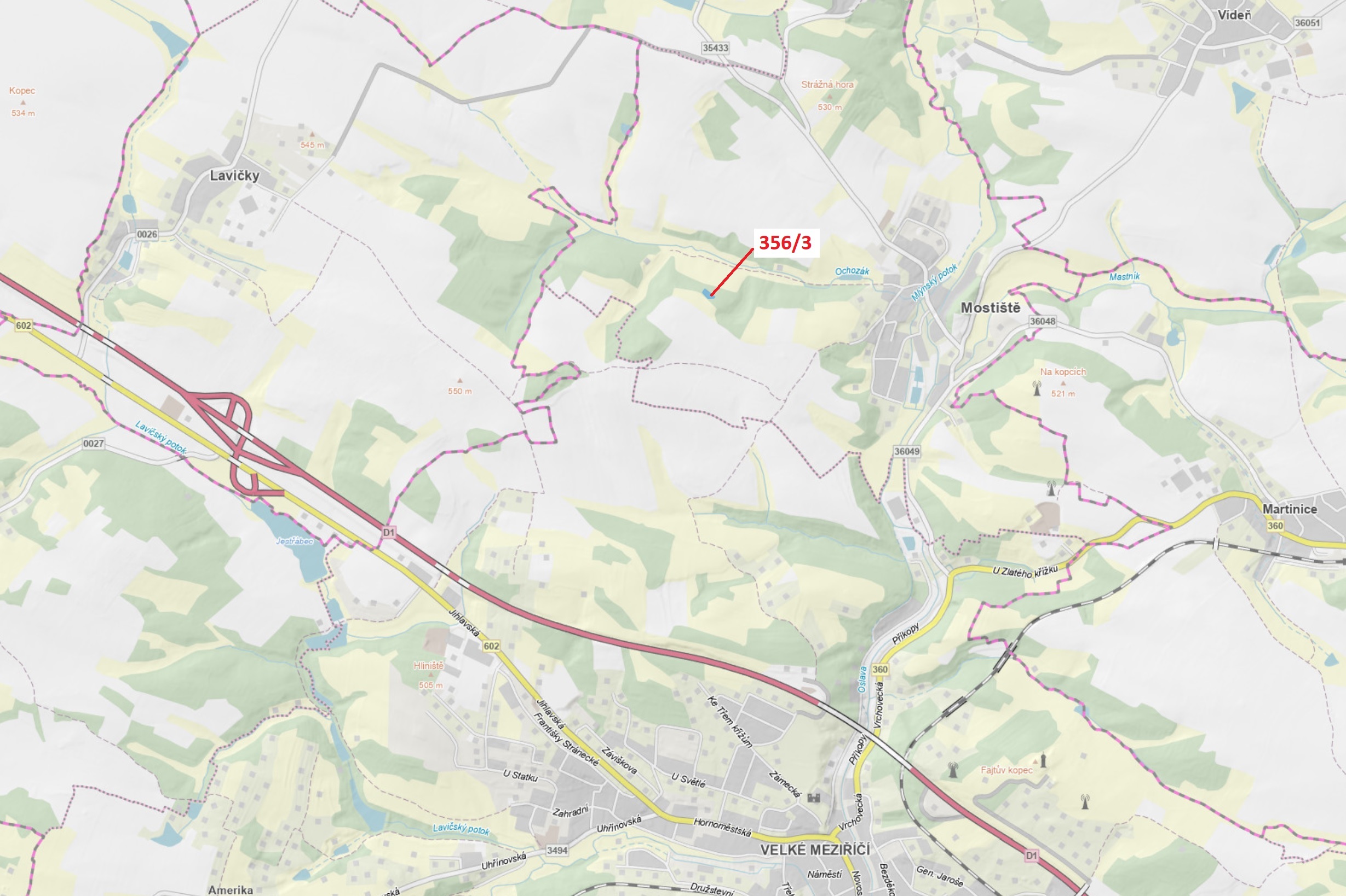 Lesní pozemek o výměře 1312 m2, podíl 1/1, katastrální území Mostiště u Velkého Meziříčí, obec Velké