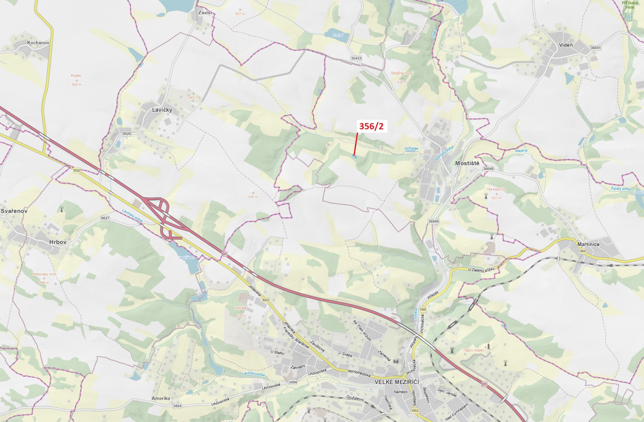 Lesní pozemek o výměře 1164 m2, podíl 1/1, katastrální území Mostiště u Velkého Meziříčí, obec Velké
