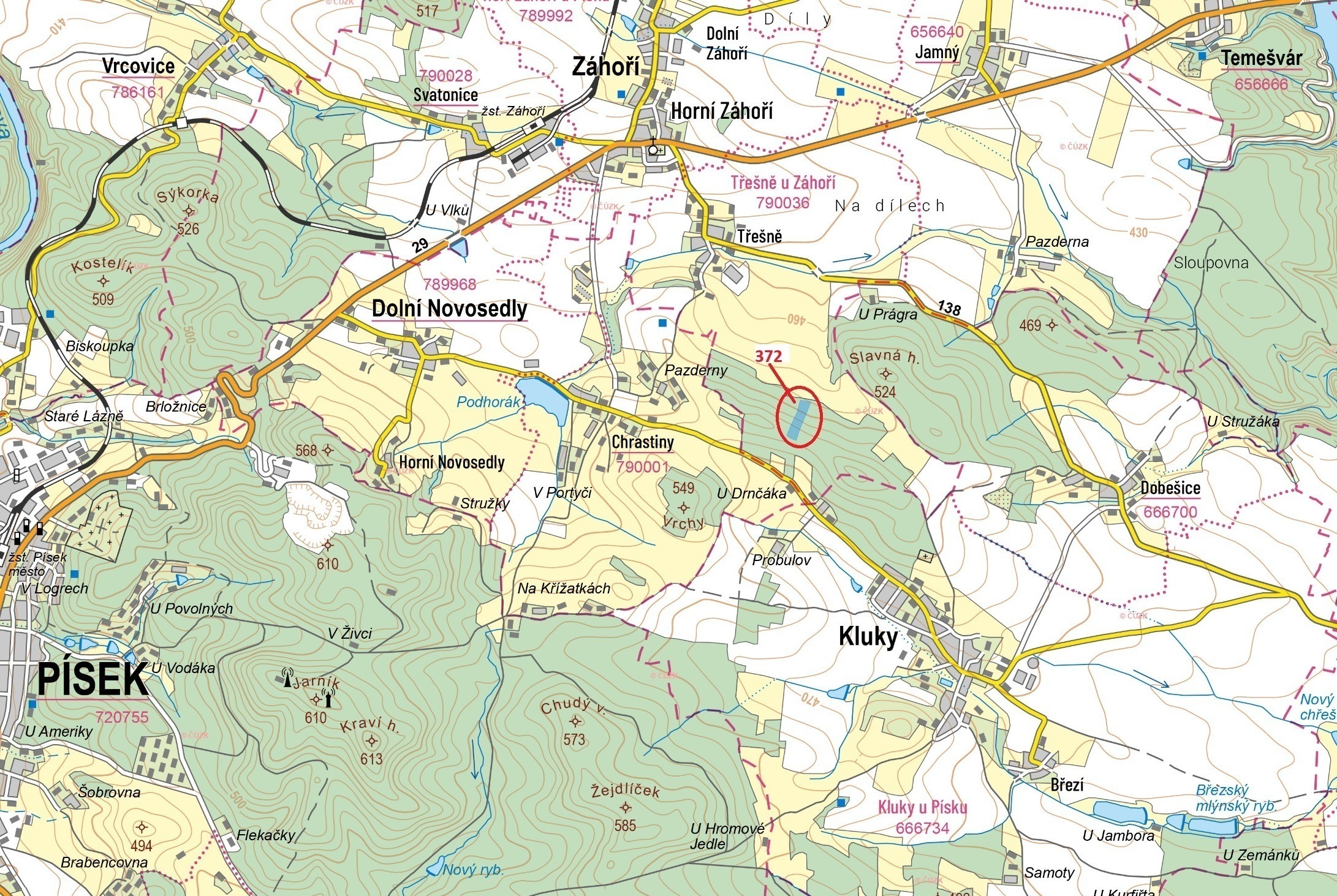 Lesní pozemek o výměře 16 547 m2, podíl 1/1, katastrální území Třešně u Záhoří, obec Záhoří, obec s