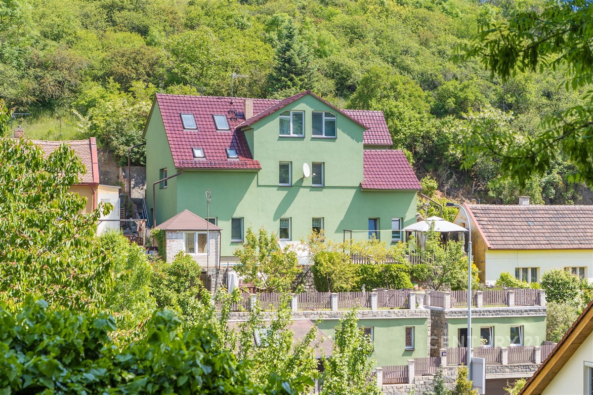 Dvoupatrový rodinný dům se zelenou fasádou, červenou střešní krytinou a upravenou terasovitou zahradou na svahu.