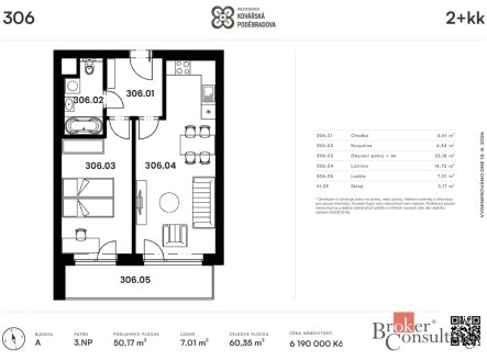 Prodej bytu, 2+kk, 50 m²