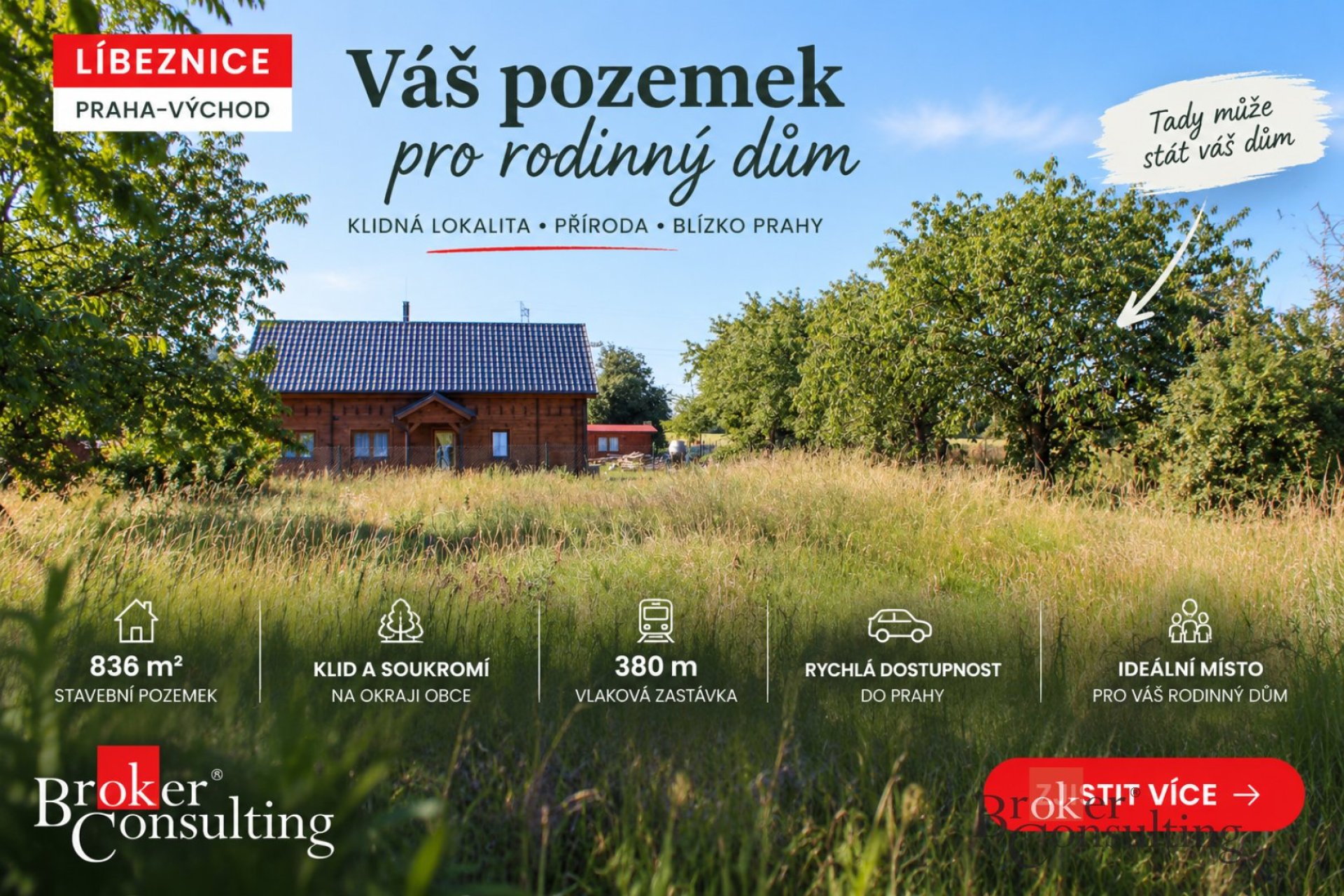 Stavební pozemek 836 m² na okraji Zlonína. Klid, soukromí a vlak do Prahy.