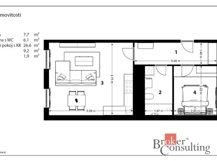 Pronájem bytu, 2+kk, 49,6 m²