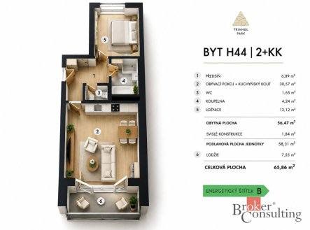 Pronájem bytu, 2+kk, 56,5 m²