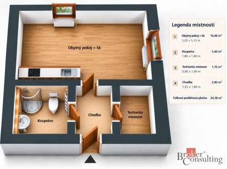 Pronájem bytu, 1+kk, 22,38 m²