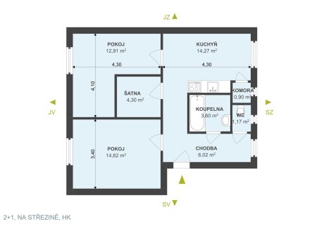 Pronájem bytu, 2+1, 55 m²