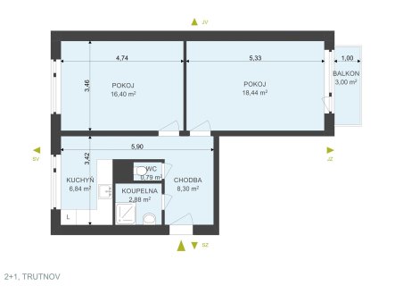 Pronájem bytu, 2+1, 58 m²