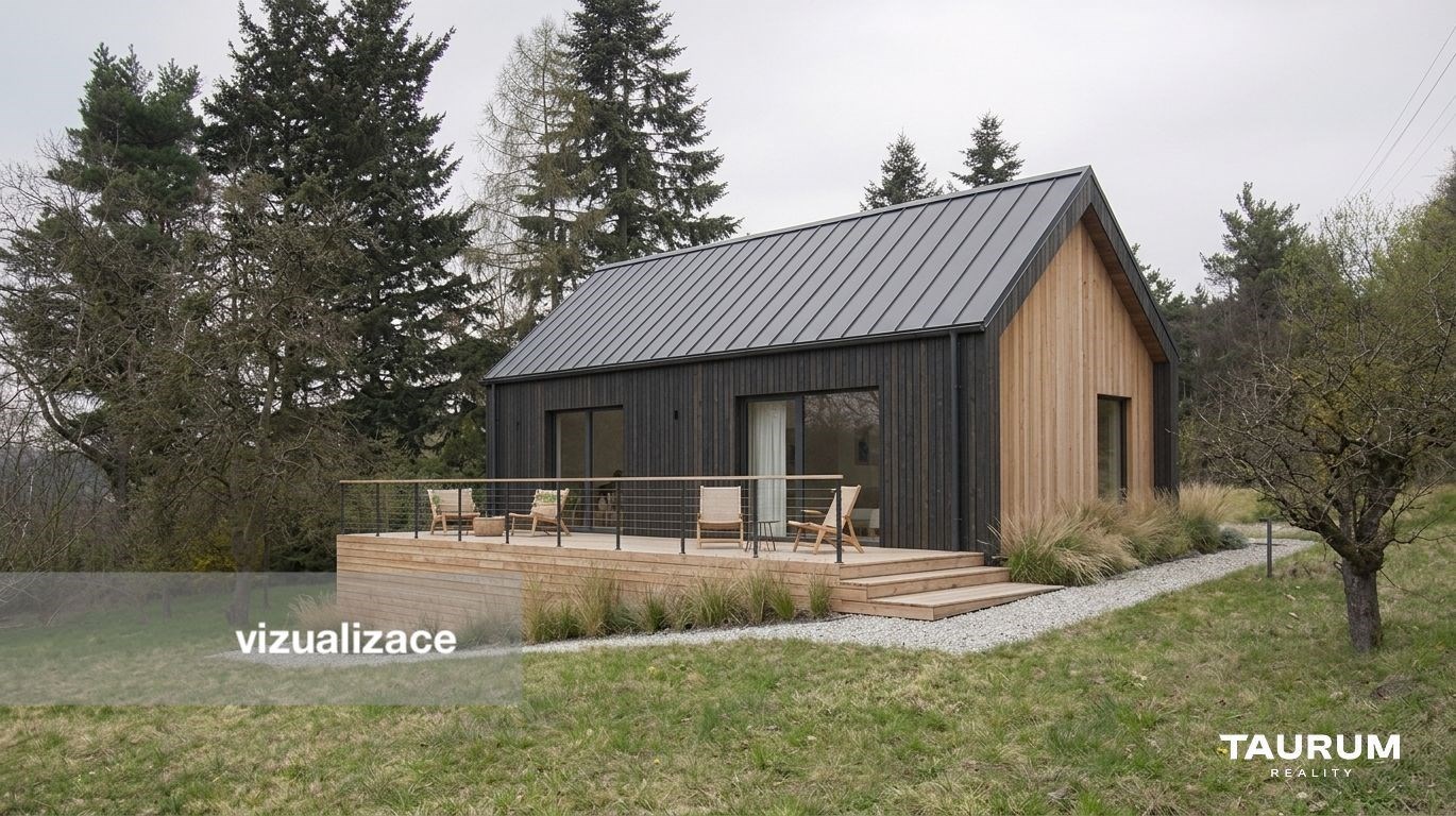 Dřevěná chata s moderním designem, terasa s dřevěnou podlahou, obklopena zelení, ideální pro klidné bydlení v přírodě