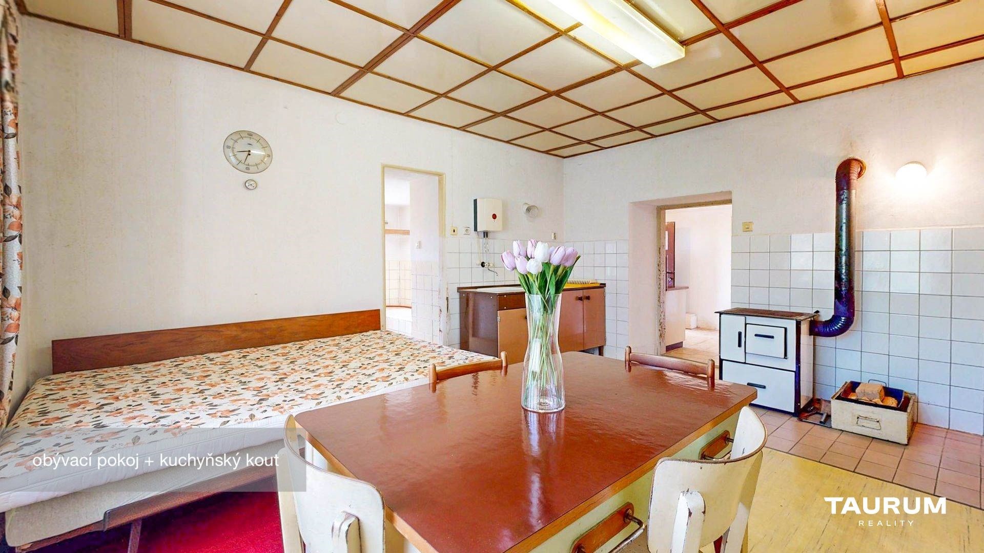 Obývací pokoj s kuchyňským koutem, dřevěný strop, světlé stěny, parketová podlaha, moderní vybavení, velká okna.