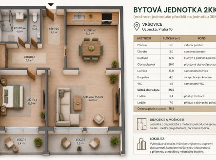 Prodej bytu, 2+kk, 74 m²