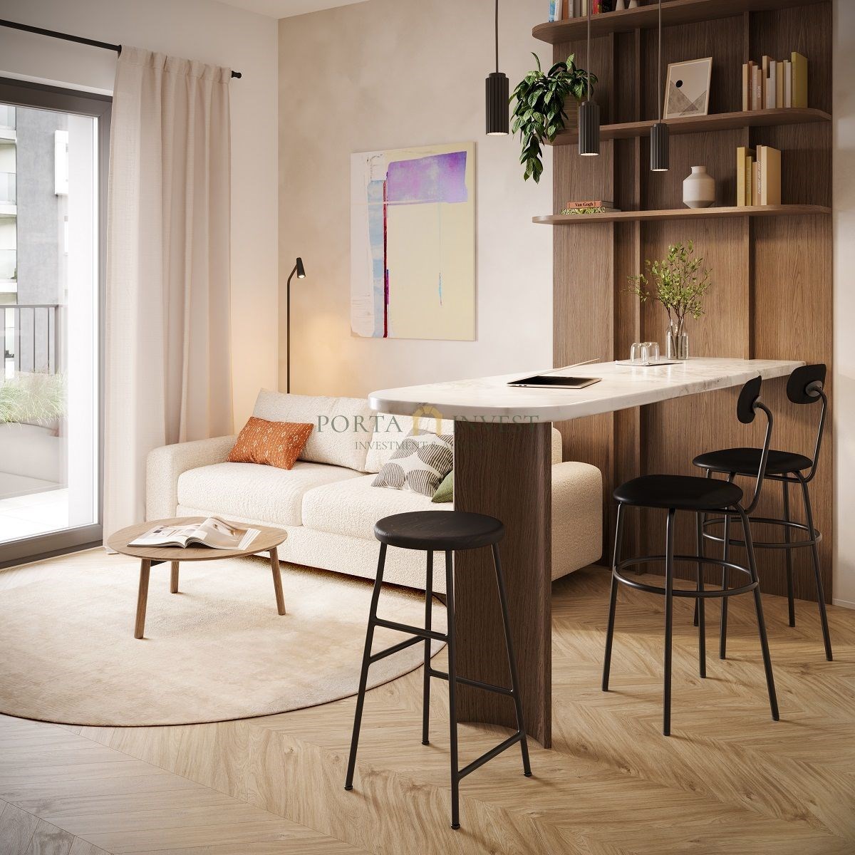 Světlý obývací pokoj s parketovou podlahou, moderním nábytkem a velkými okny. Elegantní vysoké stropní osvětlení a otevřený prostor pro relaxaci.