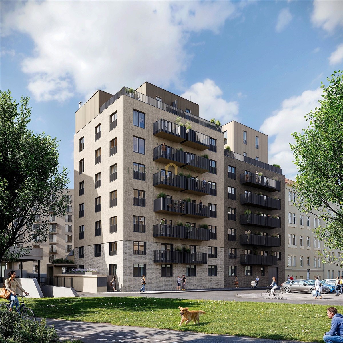 Moderní bytový dům s balkony, cihlová fasáda, velká okna; moderní architektura, městské prostředí.